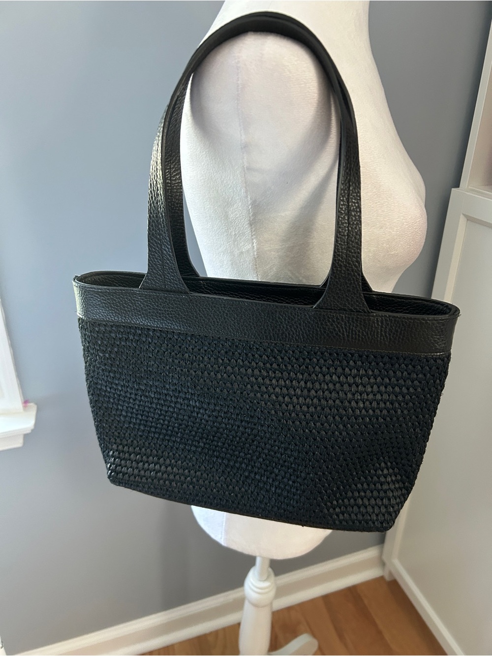 Rani Arabella Stella Mini Tote Handbag Black Woven Raffia Leather Italy